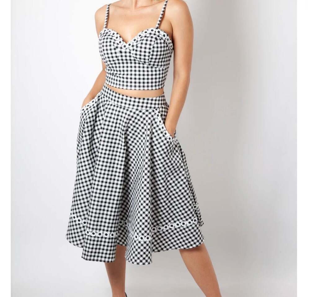 Voodoo Vixen Black & White Gingham Ava Daisy Trim Flare Midi Skirt XS